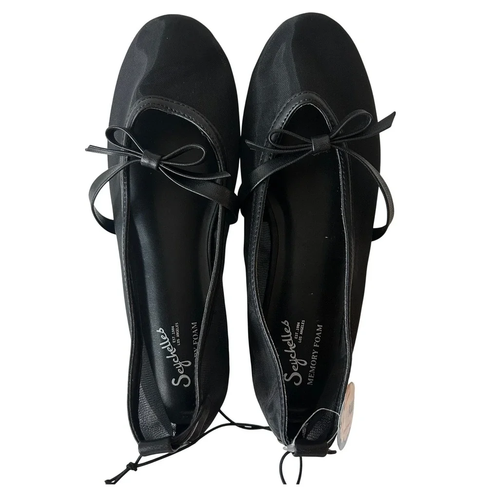 Seychelles Sheer Mesh Ballet Flats 8 Black Eloise Memory Foam Mary Jane Bow